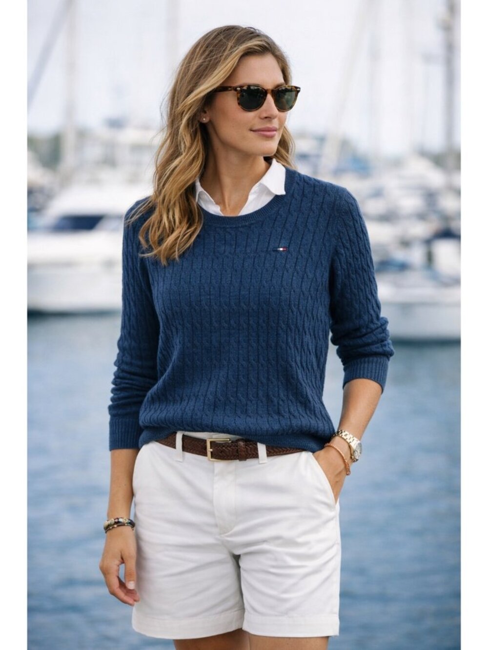 Y2K Tommy Hilfiger Blue Cable Knit Sweater Preppy Spring Size Small Women's